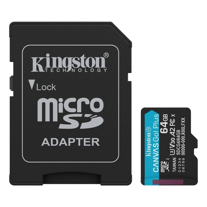 Tarjeta de Memoria MicroSD Kingston Canvas Go! Plus con Adaptador SD 64GB Clase 10/UHS-I/U3/V30/A2
